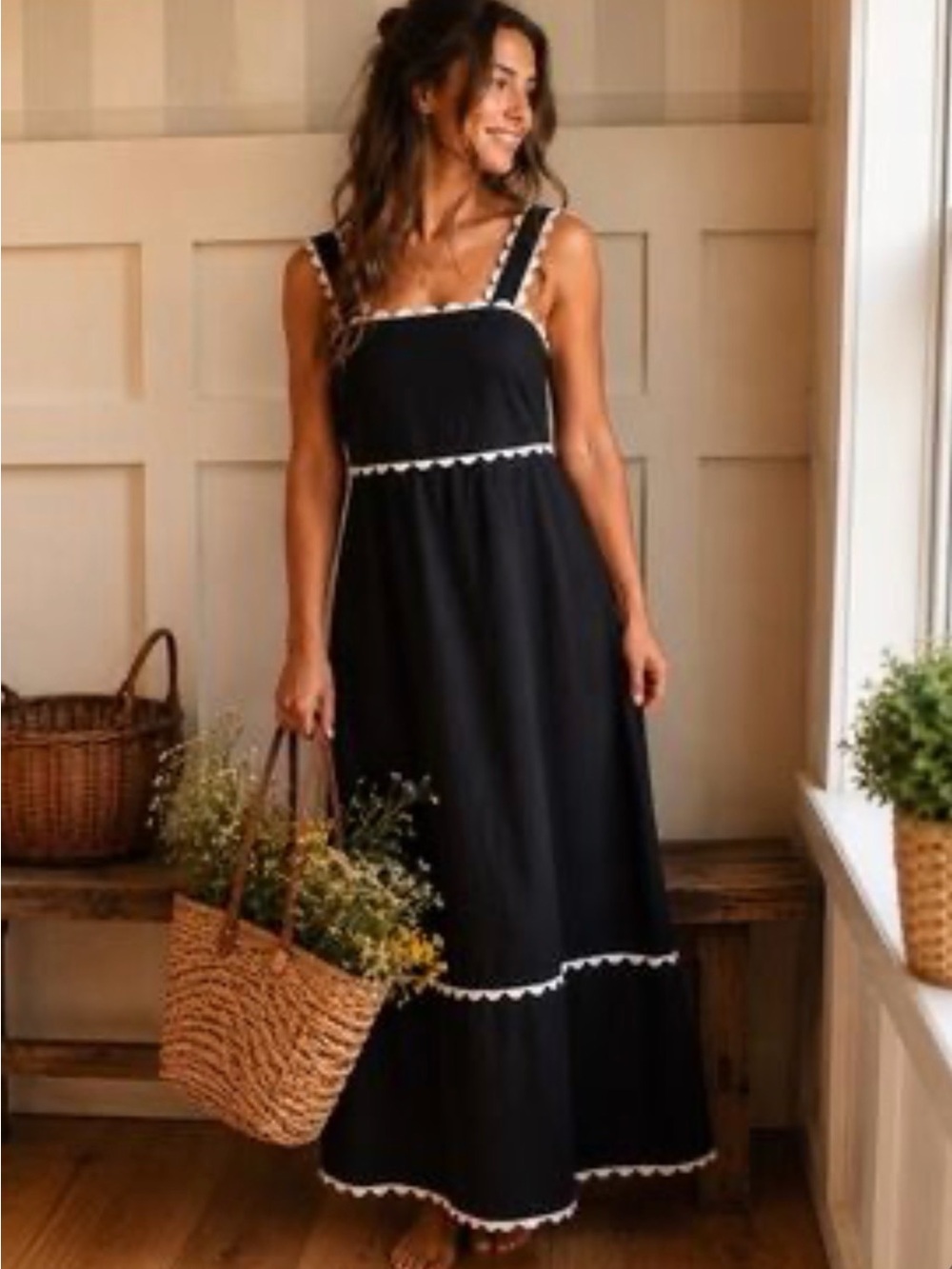 Cynthia Rowley Linen Black Maxi Dress with White Scallop Trim